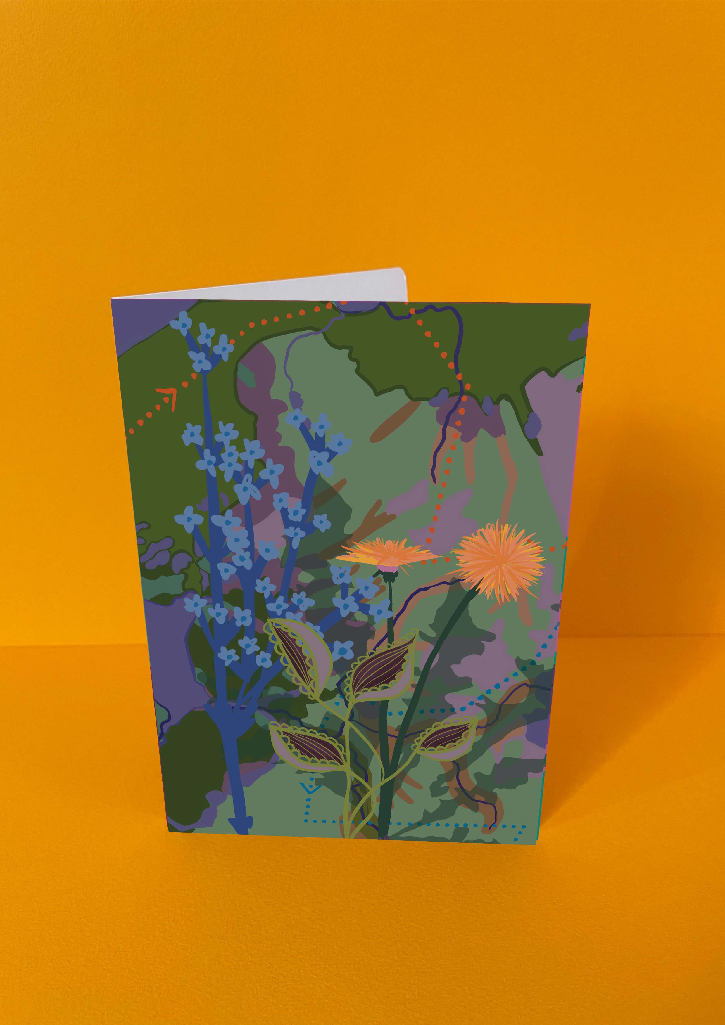 Dubbelgevouwen luxe A5-kaart van Studio LilaLine met op de voorkant een zachte illustratie van een paardenbloem in tinten groen, blauw en een vleugje geel – de bloem staat in volle pluim, met fijne lijnen die uitstralen alsof de zaadjes elk moment kunnen wegwaaien. De sfeer is teder en hoopvol. De binnenkant is blanco en ruim, perfect om iemand een liefdevolle of bemoedigende boodschap te schrijven.