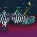Fantasy art print van Studio LilaLine met een nachtelijk circustafereel vol magie – de illustratie toont een kleurrijk circusdecor onder een sterrenhemel, met details als tenten, lichtjes en een speelse sfeer. Centraal staat Tygo, in een dromerige wereld vol verwondering. De sfeer is fantasierijk, warm en sprookjesachtig – perfect als betoverend kunstwerk voor aan de muur van een kinderkamer of speelhoek.