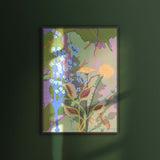 Art print van Studio LilaLine met een sierlijke paardenbloem in groentinten, gecombineerd met blauw en een vleugje geel – de bloem is uitgebeeld in volle pluim, met fijne lijnen die als zachte stralen naar buiten waaieren. De illustratie ademt rust en subtiliteit en staat prachtig als wanddecoratie, los of in een lijst.