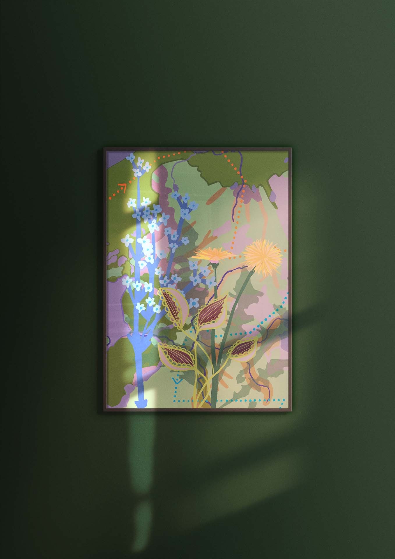 Art print van Studio LilaLine met een sierlijke paardenbloem in groentinten, gecombineerd met blauw en een vleugje geel – de bloem is uitgebeeld in volle pluim, met fijne lijnen die als zachte stralen naar buiten waaieren. De illustratie ademt rust en subtiliteit en staat prachtig als wanddecoratie, los of in een lijst.