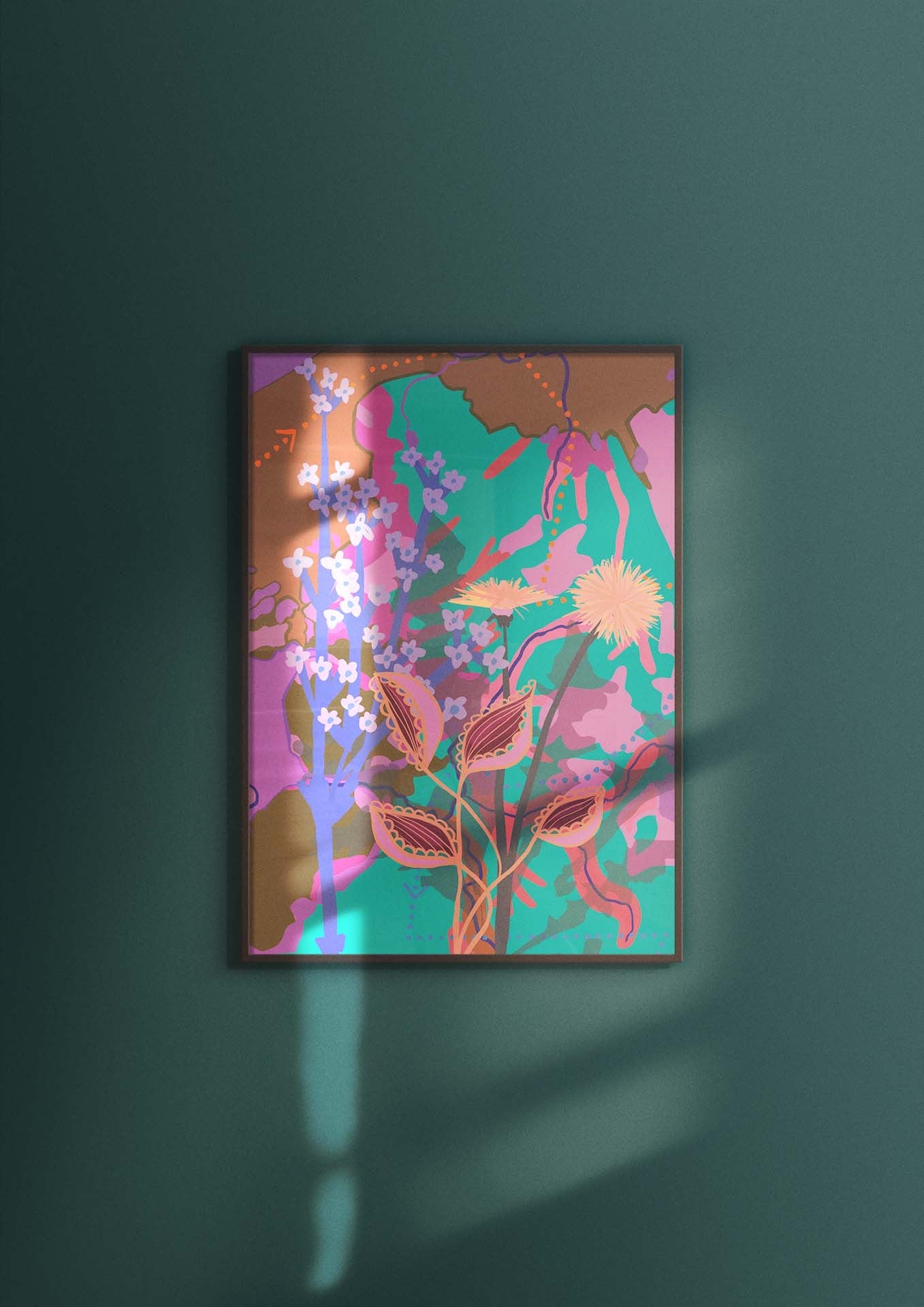 Art print van Studio LilaLine met een dromerige paardenbloem in tinten roze, paars en zachtgeel – de pluizige bloem is in detail uitgewerkt met stralende lijnen die een gevoel van lichtheid en zachtheid oproepen. De print heeft een poëtische uitstraling en is perfect voor aan de muur of in een stijlvolle lijst in een rustige ruimte.