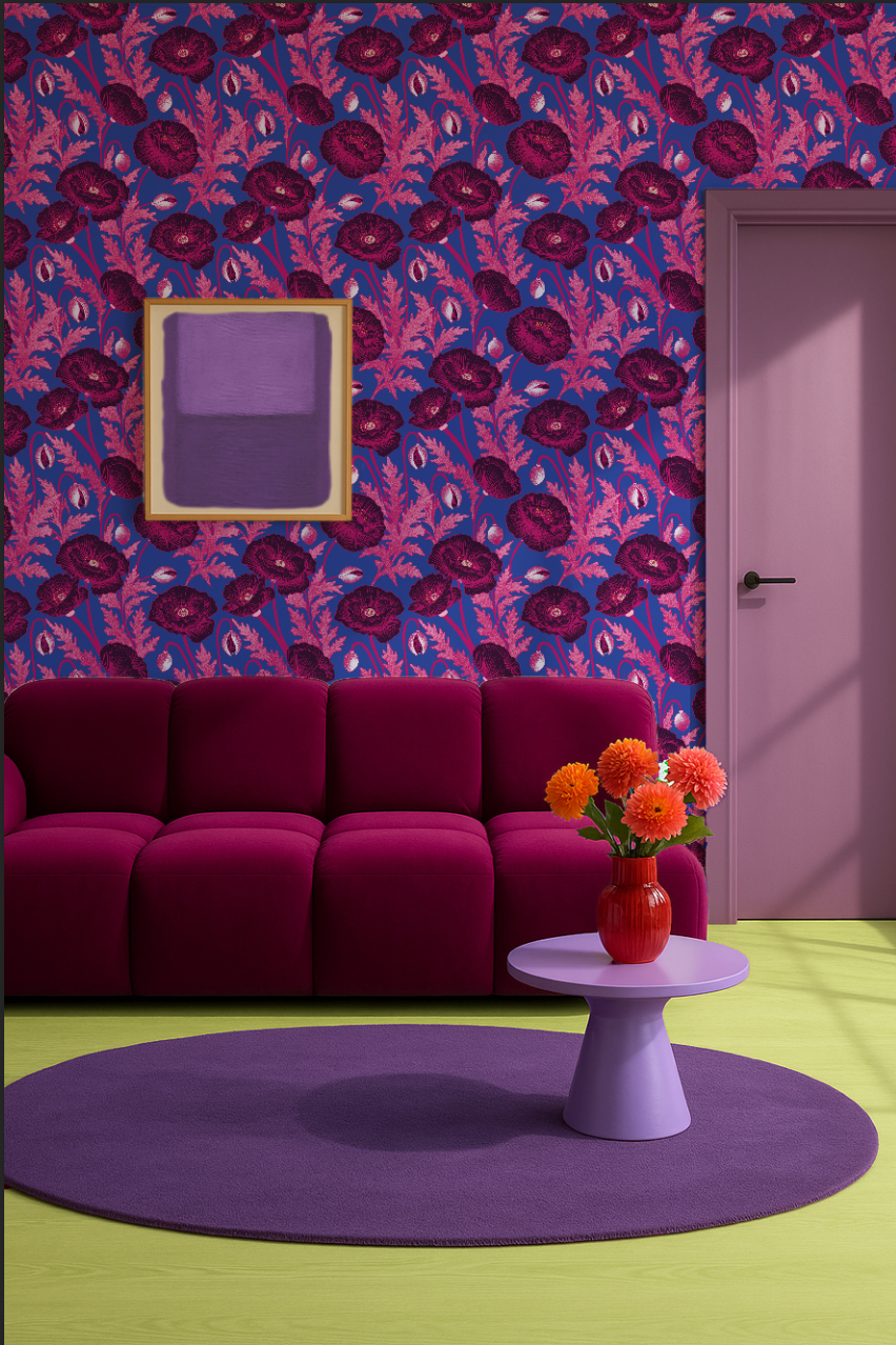 Roze klaprozen op een felle blauwe achtergrond. Een heldere, winterse print die tegelijkertijd zacht en opvallend is.