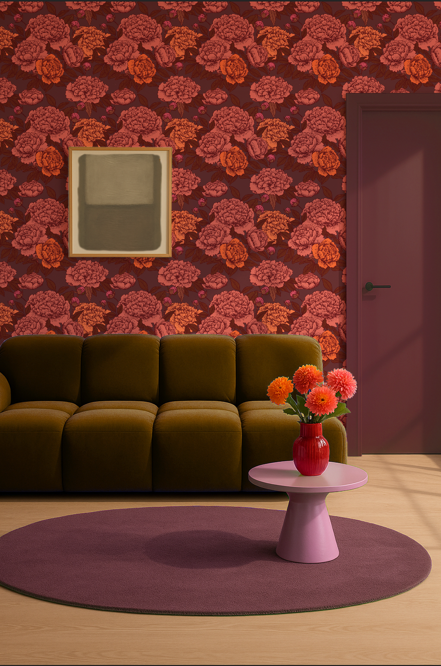 Illustratief bloemenbehang met oranje pioenen op een donkeroranje achtergrond. Warm, vol diepte en perfect voor een herfstig interieur.