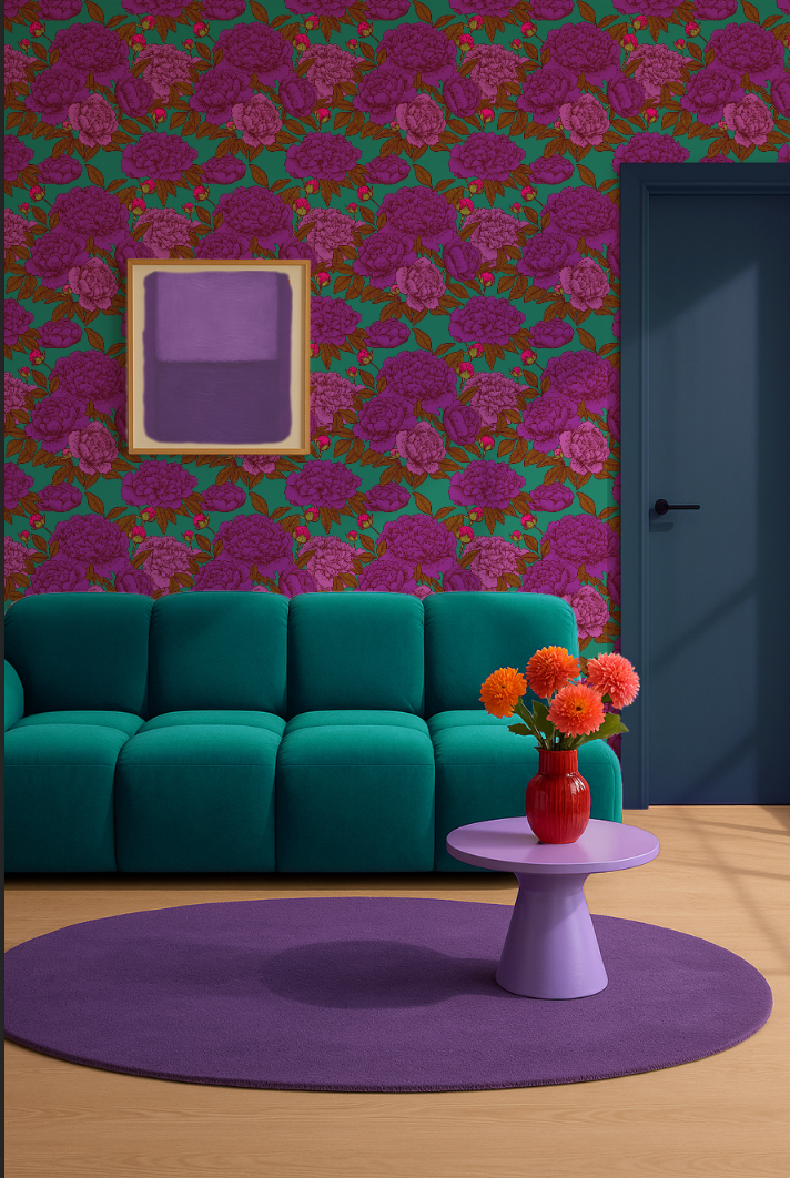 Pioenroos behang met paarse bloemen op een groene achtergrond. Een frisse, zachte print vol lentegevoel en bloeikracht.