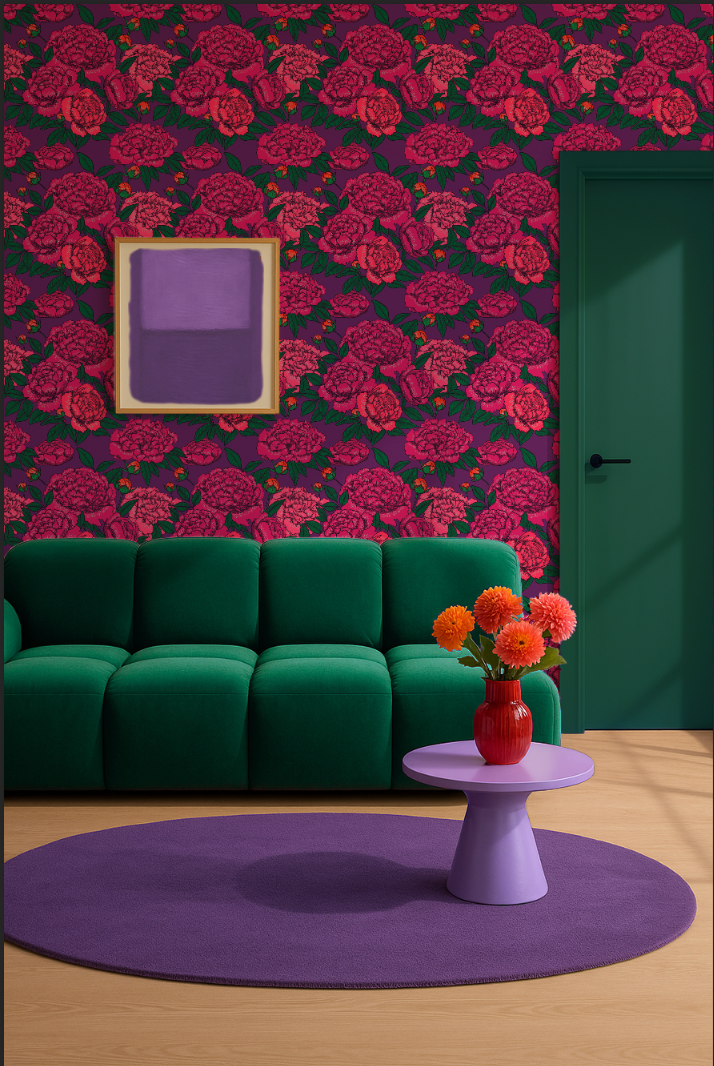 Zomerbehang met roze pioenrozen op een paarse ondergrond. Romantisch en rijk, alsof je naar een bloeiende tuin in avondlicht kijkt.