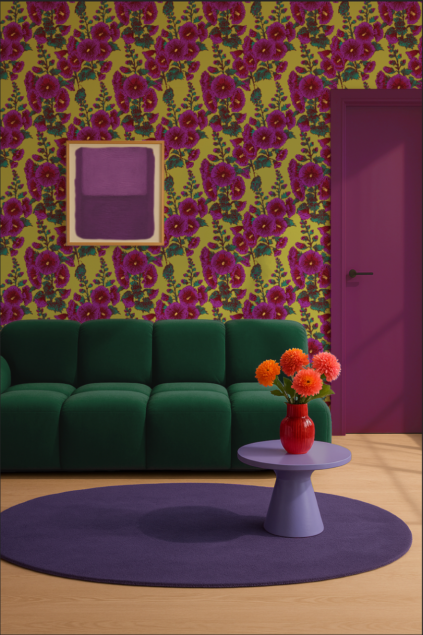 tokroos behang met roze bloemen op een warme okergele achtergrond. Een zachte, frisse print met een voorjaarsgevoel en geveltuintjesfeer.