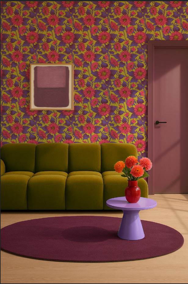 Behang met grote koraalroze zonnebloemen op een lichtgele achtergrond. Een zachte en frisse bloemenprint die je muur een lenteachtige gloed geeft.