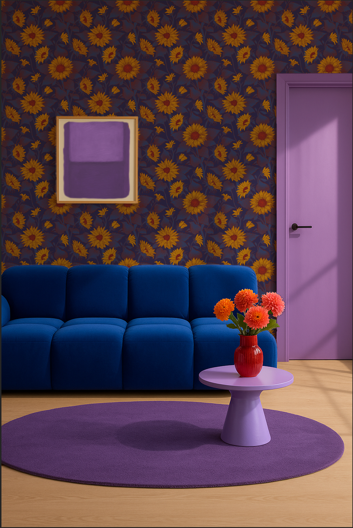 Behang met diepbruine zonnebloemen tegen een mistig blauwe achtergrond. Een rustige, sfeervolle wintervariant met karakter.