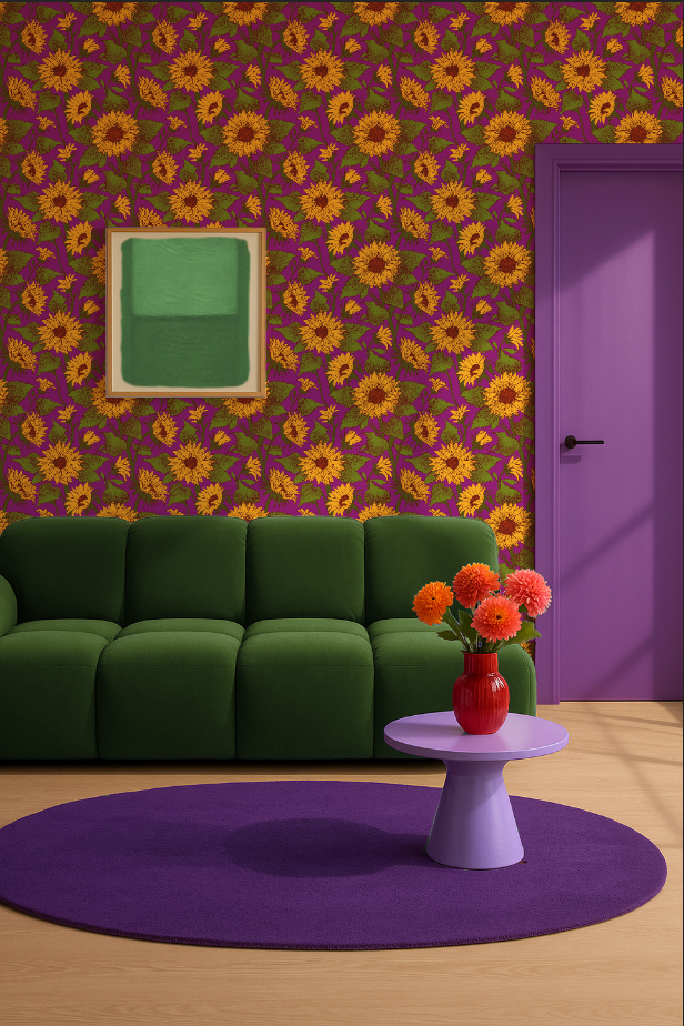 Zonnebloem behang met zonnig gele bloemen op een helderpaarse ondergrond. Een uitgesproken zomerse print vol kleur en energie.