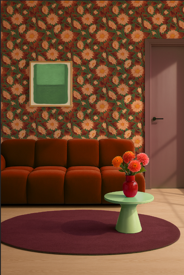 Illustratief bloemenbehang met zonnebloemen in okergeel en roesttinten. Een warme, diepe print die perfect past bij een herfstig interieur.