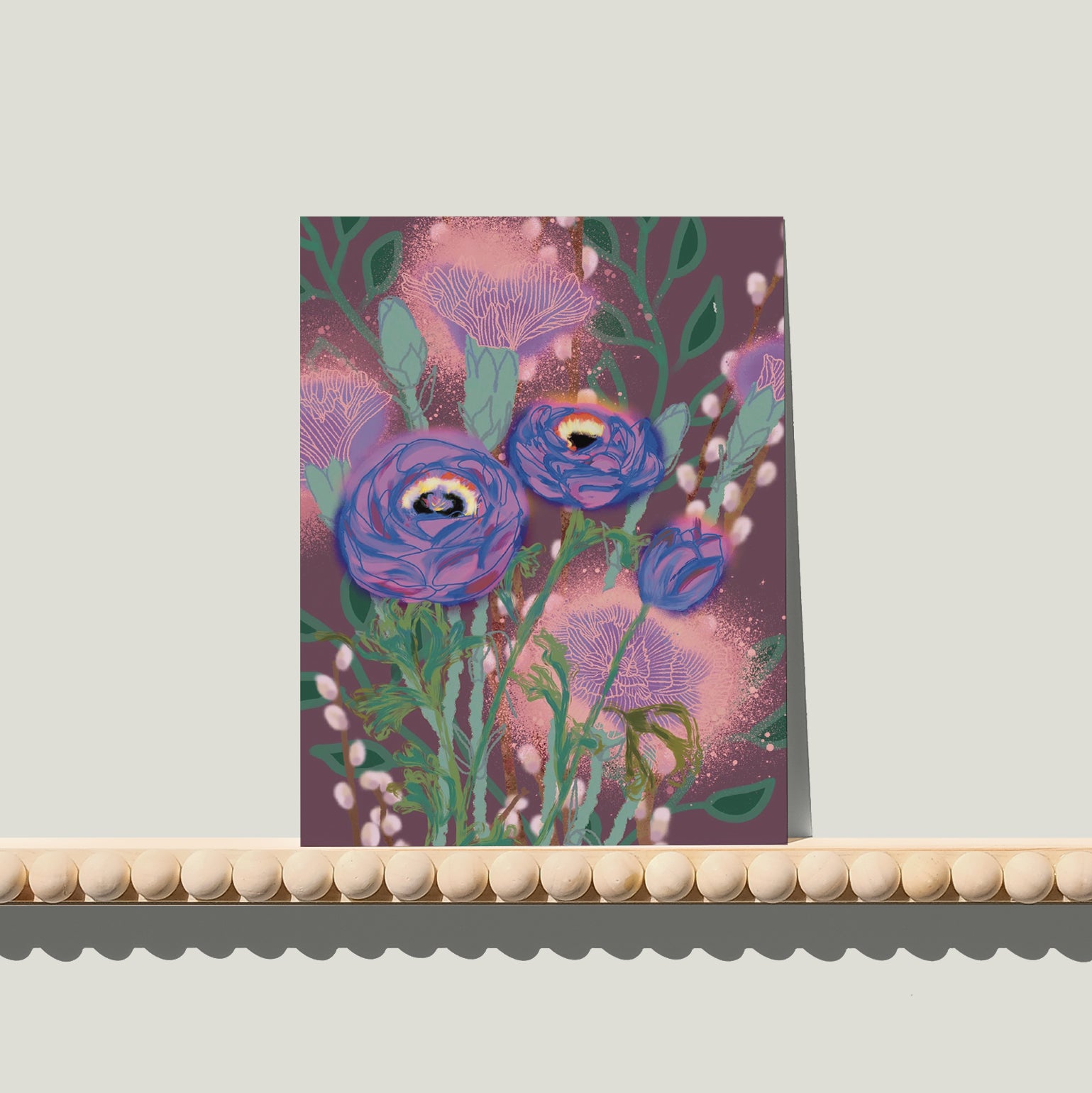 Enkele A6-kaart van Studio LilaLine met een zachte pioenrozenprint op de voorkant – het ontwerp toont een volle pioenroos in pastelkleuren, met bloemblaadjes in roze en paars die sierlijk over elkaar heen vallen. De illustratie voelt romantisch en verfijnd, alsof de bloem net tot bloei komt in het ochtendlicht. De achterkant is blanco en klaar voor een persoonlijke boodschap.