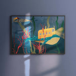 Fantasy art print van Studio LilaLine met een magische illustratie van een walvis die tegelijk een onderzeeër is – het dier zweeft door een onderwaterwereld vol fantasiedetails, patrijspoorten en zachte kleuren. De sfeer is sprookjesachtig en vriendelijk, alsof je in een droom de oceaan verkent. Perfect als kunstzinnig accent voor aan de muur van een kinderkamer of speelhoek.