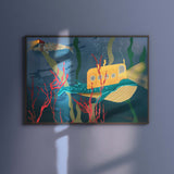 Fantasy art print van Studio LilaLine met een magische illustratie van een walvis die tegelijk een onderzeeër is – het dier zweeft door een onderwaterwereld vol fantasiedetails, patrijspoorten en zachte kleuren. De sfeer is sprookjesachtig en vriendelijk, alsof je in een droom de oceaan verkent. Perfect als kunstzinnig accent voor aan de muur van een kinderkamer of speelhoek.