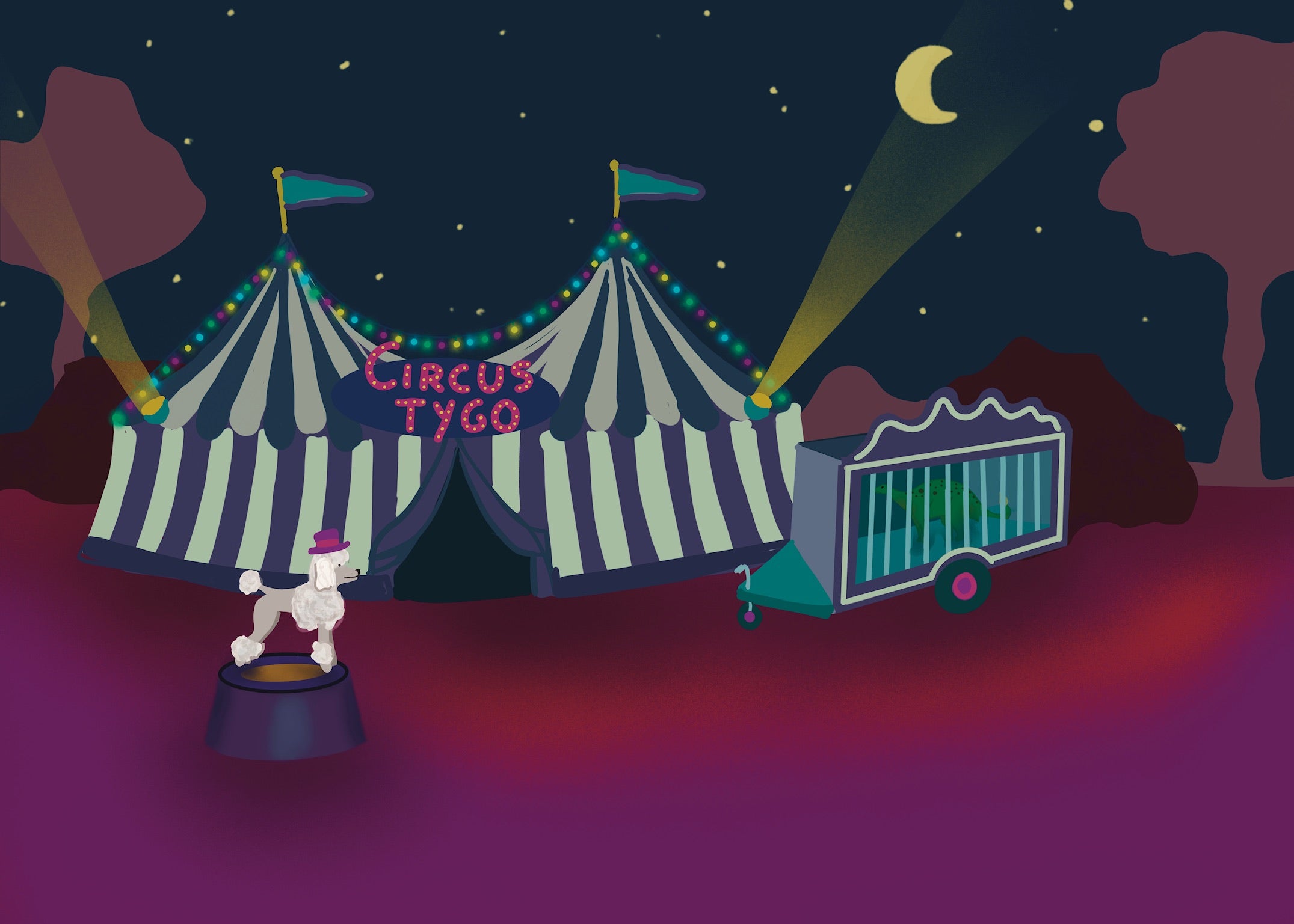 Fantasy art print van Studio LilaLine met een nachtelijk circustafereel vol magie – de illustratie toont een kleurrijk circusdecor onder een sterrenhemel, met details als tenten, lichtjes en een speelse sfeer. Centraal staat Tygo, in een dromerige wereld vol verwondering. De sfeer is fantasierijk, warm en sprookjesachtig – perfect als betoverend kunstwerk voor aan de muur van een kinderkamer of speelhoek.
