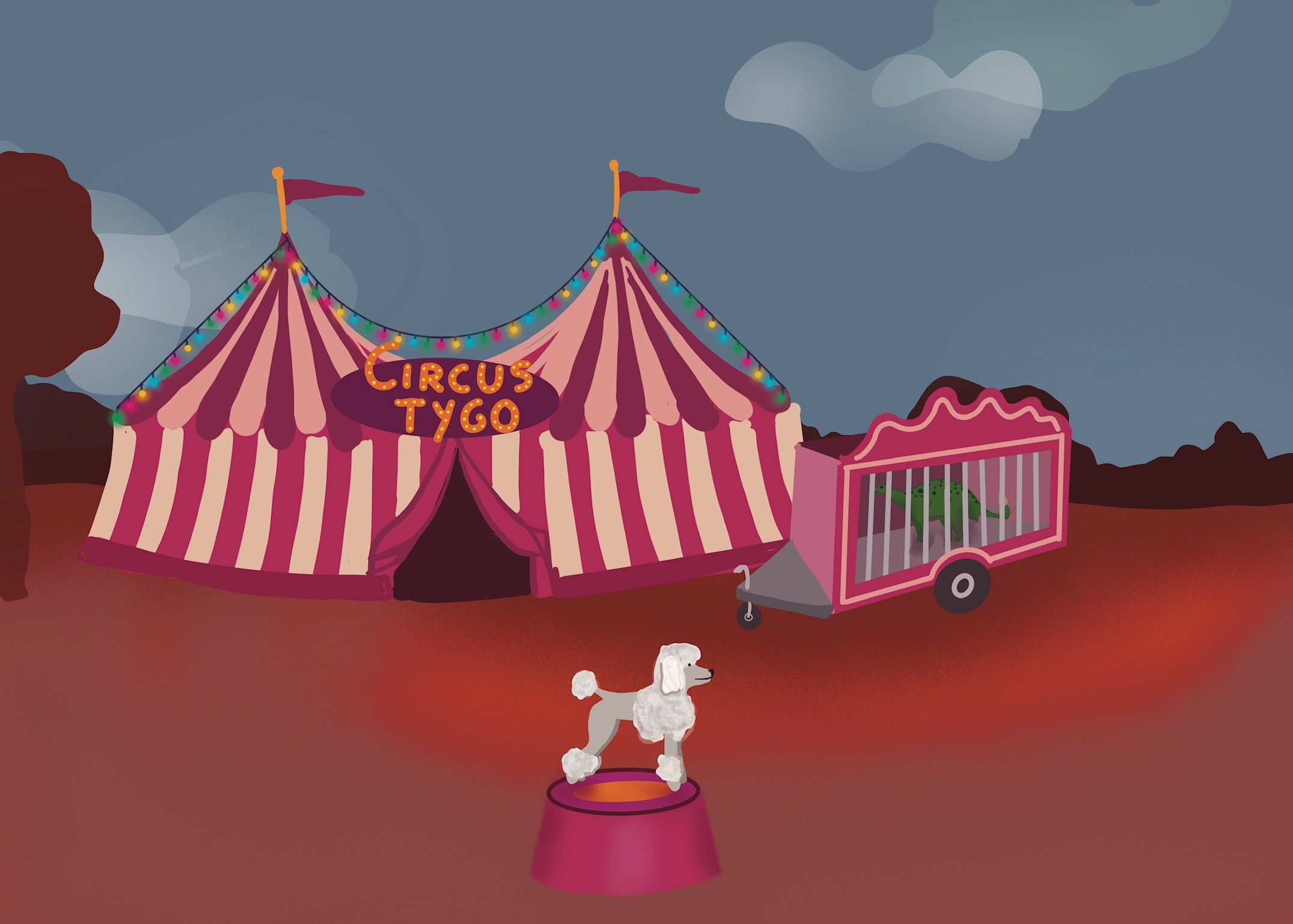 Fantasy art print van Studio LilaLine met een vrolijk circustafereel in daglicht – de illustratie toont een kleurrijk circus vol leven, met vlaggen, tenten en dansende figuren onder een blauwe lucht. Tygo staat centraal in dit speelse universum vol fantasie en beweging. De print straalt vrolijkheid en avontuur uit, perfect als wanddecoratie in een kinderkamer of creatieve ruimte.