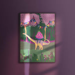 Fantasy art print van Studio LilaLine met een feestelijke illustratie van een dinosaurus met een verjaardagstaart op zijn rug – de dino met lange nek kijkt vriendelijk rond terwijl de taart met kaarsjes stevig staat op zijn rug. De sfeer is vrolijk en fantasierijk, ideaal als decoratie voor een kinderkamer of verjaardagshoek vol kleur en humor.