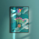 Fantasy art print van Studio LilaLine met een vrolijke vliegende dinosaurus die een cadeau meedraagt – de dino zweeft hoog door de lucht met kleurrijke vleugels, terwijl onder hem een ingepakt cadeau bungelt aan een lint. De illustratie is speels en fantasierijk, met een feestelijke en magische sfeer. Perfect als decoratie in een kinderkamer of voor dinofans met verbeelding.