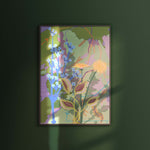 Art print van Studio LilaLine met een sierlijke paardenbloem in groentinten, gecombineerd met blauw en een vleugje geel – de bloem is uitgebeeld in volle pluim, met fijne lijnen die als zachte stralen naar buiten waaieren. De illustratie ademt rust en subtiliteit en staat prachtig als wanddecoratie, los of in een lijst.