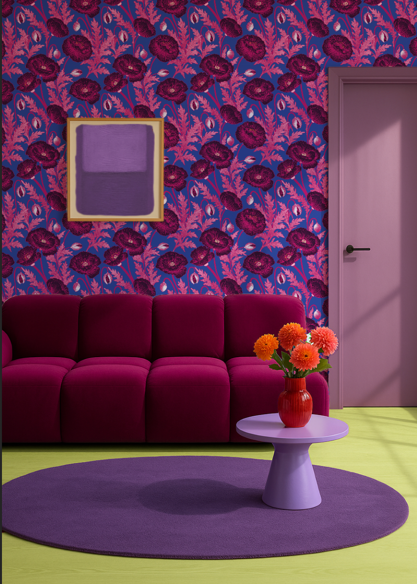 Roze klaprozen op een felle blauwe achtergrond. Een heldere, winterse print die tegelijkertijd zacht en opvallend is.

