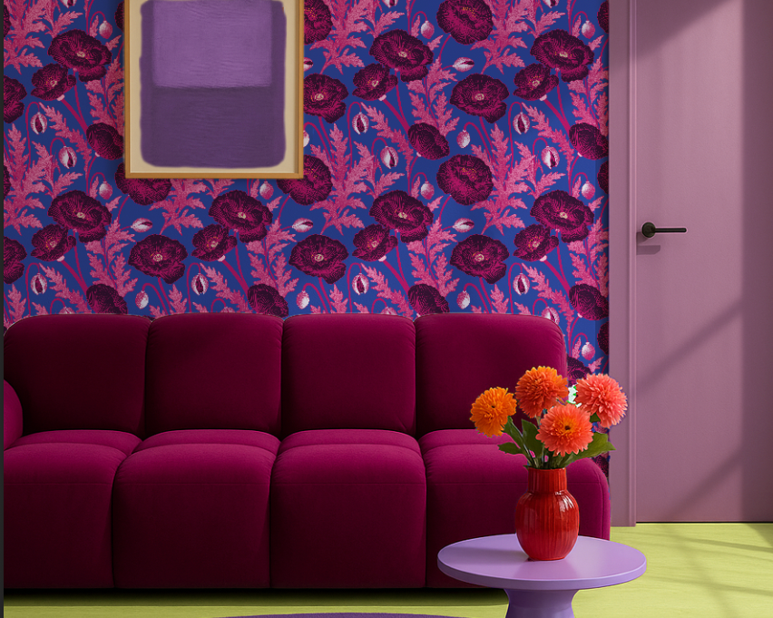 Roze klaprozen op een felle blauwe achtergrond. Een heldere, winterse print die tegelijkertijd zacht en opvallend is.


