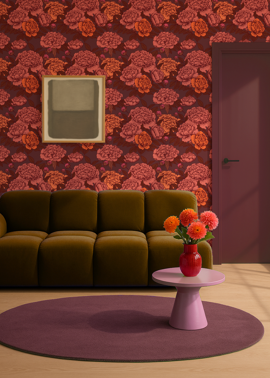 Illustratief bloemenbehang met oranje pioenen op een donkeroranje achtergrond. Warm, vol diepte en perfect voor een herfstig interieur.