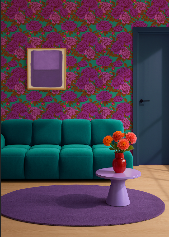 Pioenroos behang met paarse bloemen op een groene achtergrond. Een frisse, zachte print vol lentegevoel en bloeikracht.