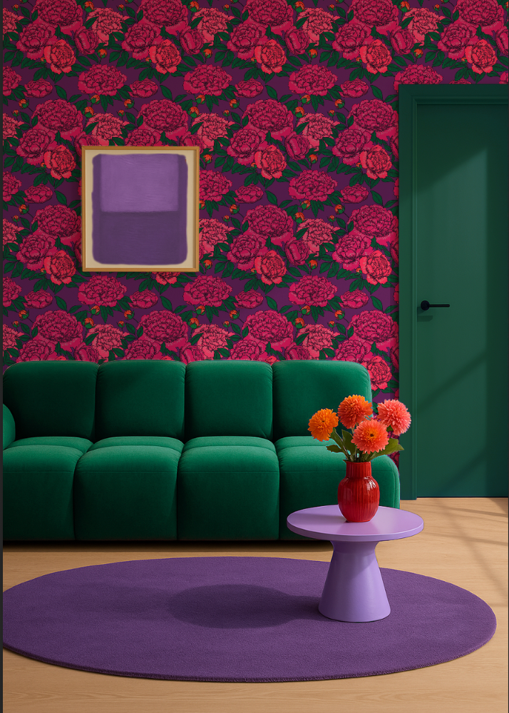 Zomerbehang met roze pioenrozen op een paarse ondergrond. Romantisch en rijk, alsof je naar een bloeiende tuin in avondlicht kijkt.