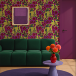 tokroos behang met roze bloemen op een warme okergele achtergrond. Een zachte, frisse print met een voorjaarsgevoel en geveltuintjesfeer.