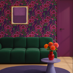 Behang met roze stokrozen op een diepe paarse ondergrond. Een zomerse, vrolijke print vol kleur en Franse straatjescharme.