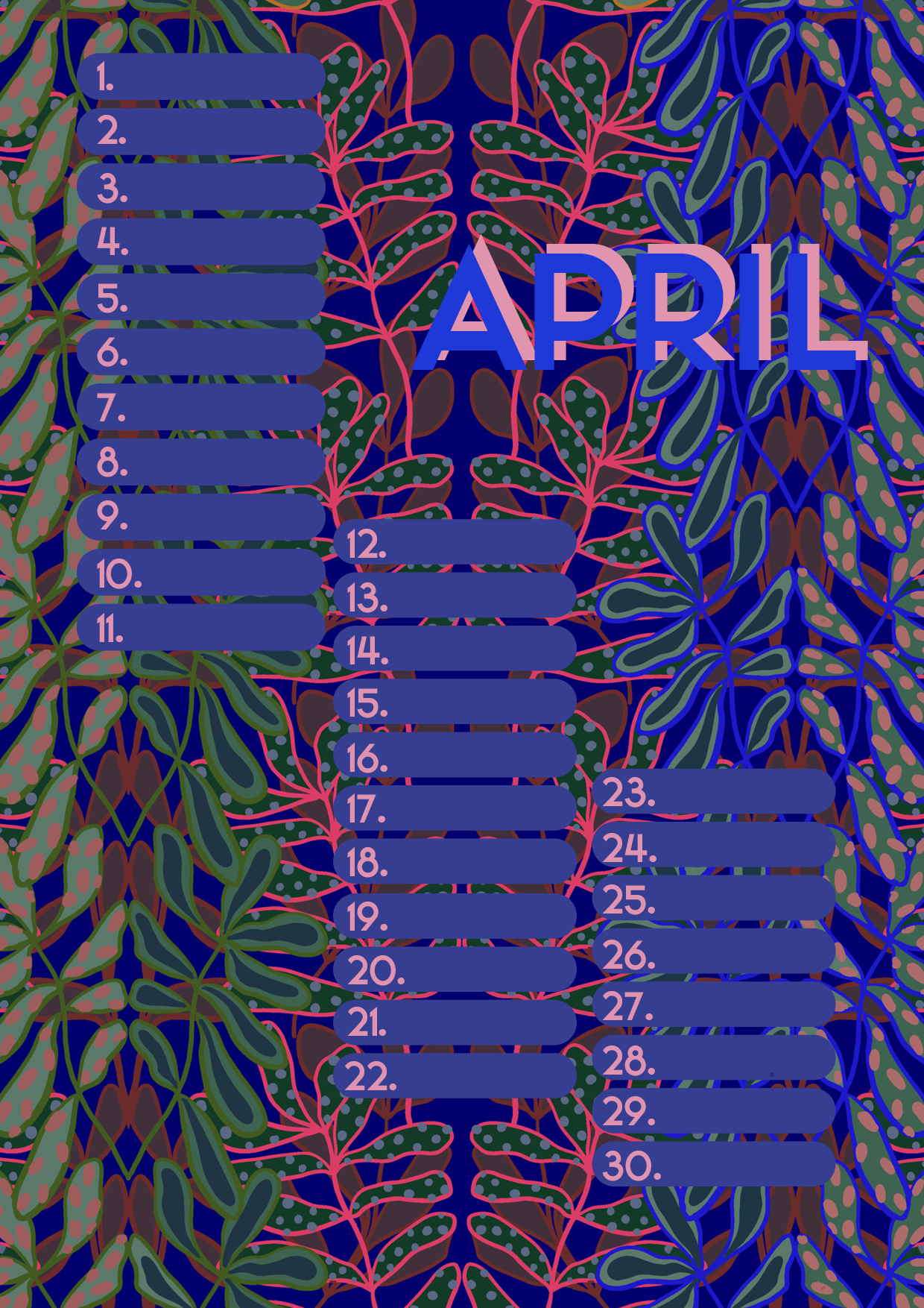 Verjaardagskalender van Studio LilaLine met twaalf kleurrijke, illustratieve pagina’s – elke maand is versierd met een unieke print uit de LilaLine-collectie, van bloemen en fantasiedieren tot grafische patronen in vrolijke kleuren. De kalender is sfeervol en speels, met voldoende ruimte om verjaardagen en speciale momenten op te schrijven. Een echte blikvanger aan de muur, het hele jaar door.