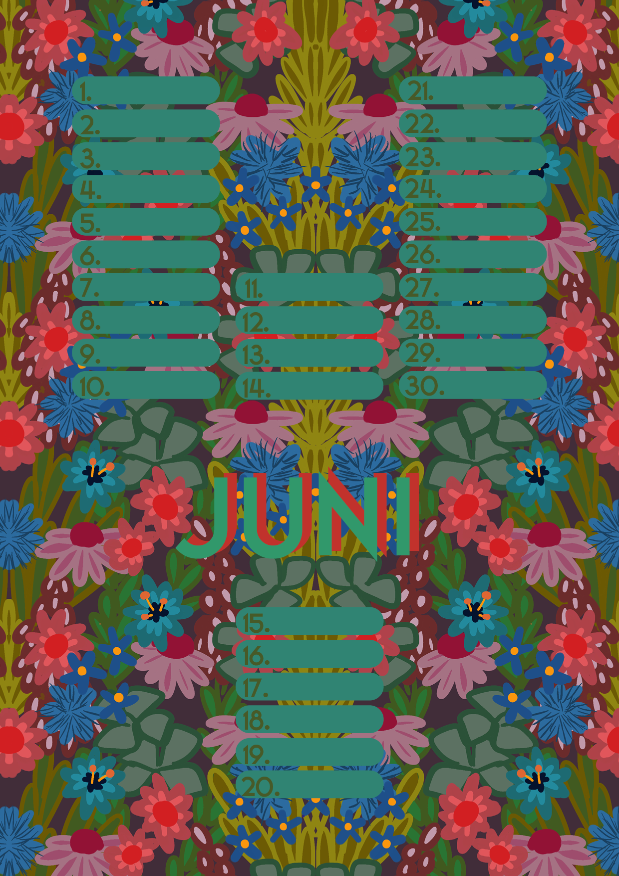 Verjaardagskalender van Studio LilaLine met twaalf kleurrijke, illustratieve pagina’s – elke maand is versierd met een unieke print uit de LilaLine-collectie, van bloemen en fantasiedieren tot grafische patronen in vrolijke kleuren. De kalender is sfeervol en speels, met voldoende ruimte om verjaardagen en speciale momenten op te schrijven. Een echte blikvanger aan de muur, het hele jaar door.