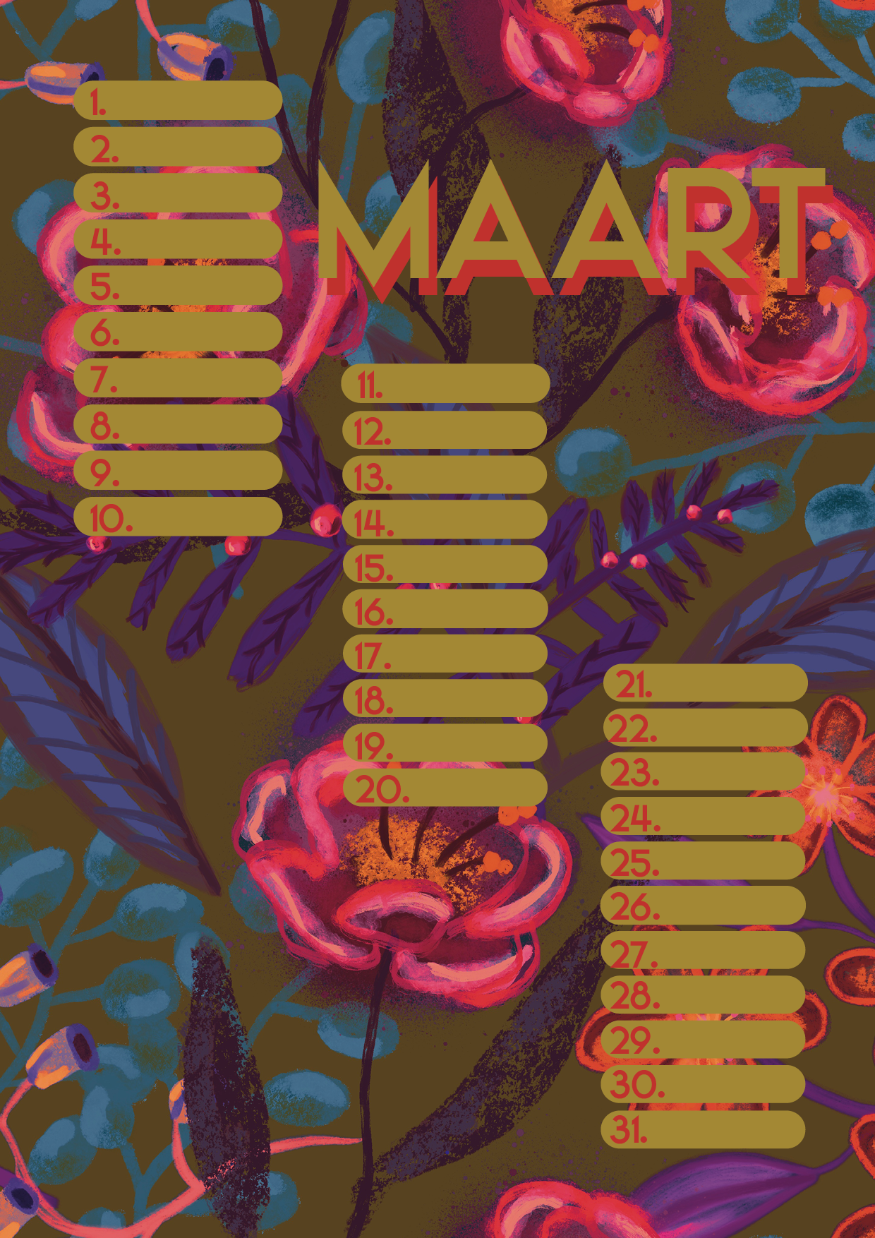 Verjaardagskalender van Studio LilaLine met twaalf kleurrijke, illustratieve pagina’s – elke maand is versierd met een unieke print uit de LilaLine-collectie, van bloemen en fantasiedieren tot grafische patronen in vrolijke kleuren. De kalender is sfeervol en speels, met voldoende ruimte om verjaardagen en speciale momenten op te schrijven. Een echte blikvanger aan de muur, het hele jaar door.