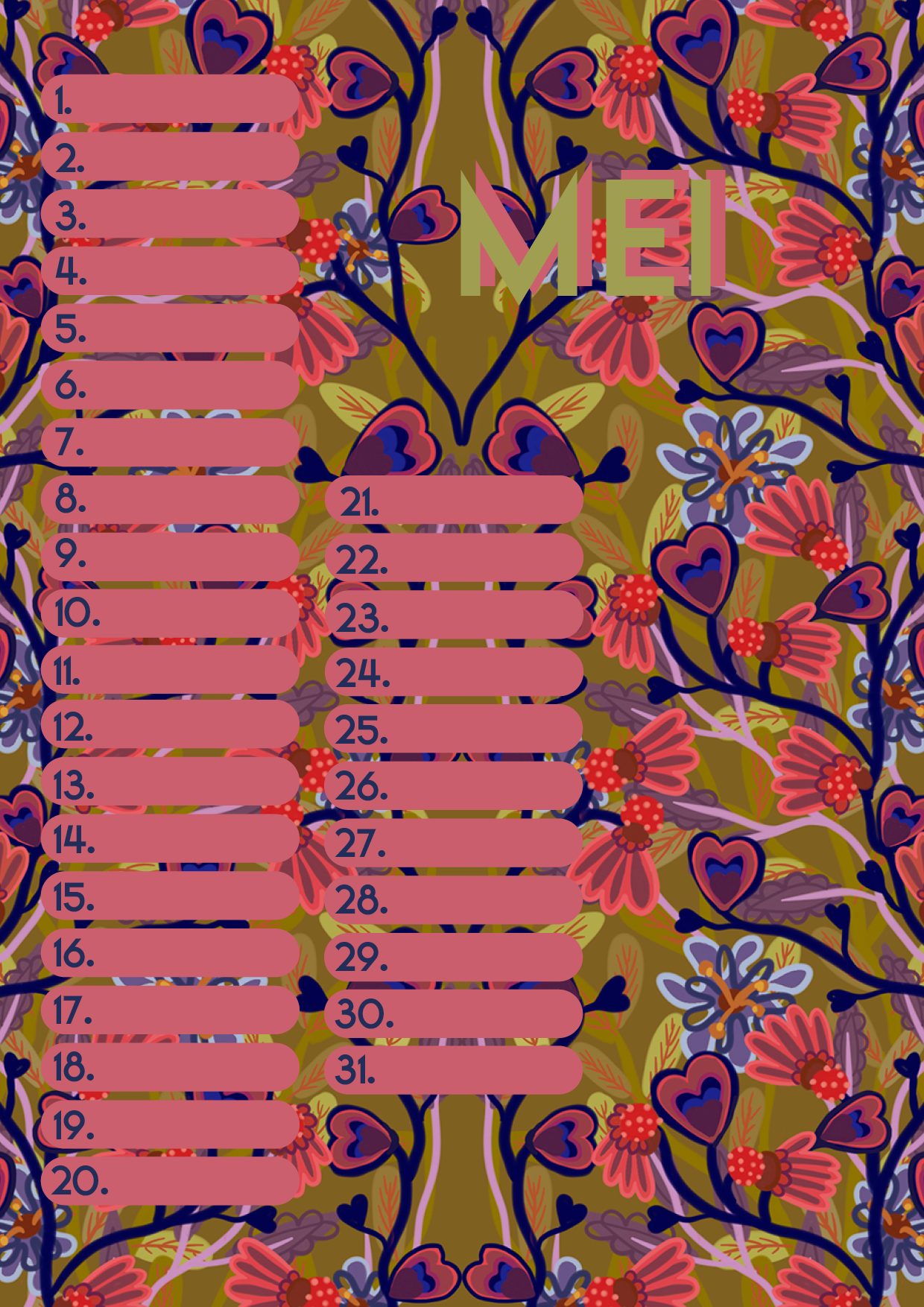 Verjaardagskalender van Studio LilaLine met twaalf kleurrijke, illustratieve pagina’s – elke maand is versierd met een unieke print uit de LilaLine-collectie, van bloemen en fantasiedieren tot grafische patronen in vrolijke kleuren. De kalender is sfeervol en speels, met voldoende ruimte om verjaardagen en speciale momenten op te schrijven. Een echte blikvanger aan de muur, het hele jaar door.