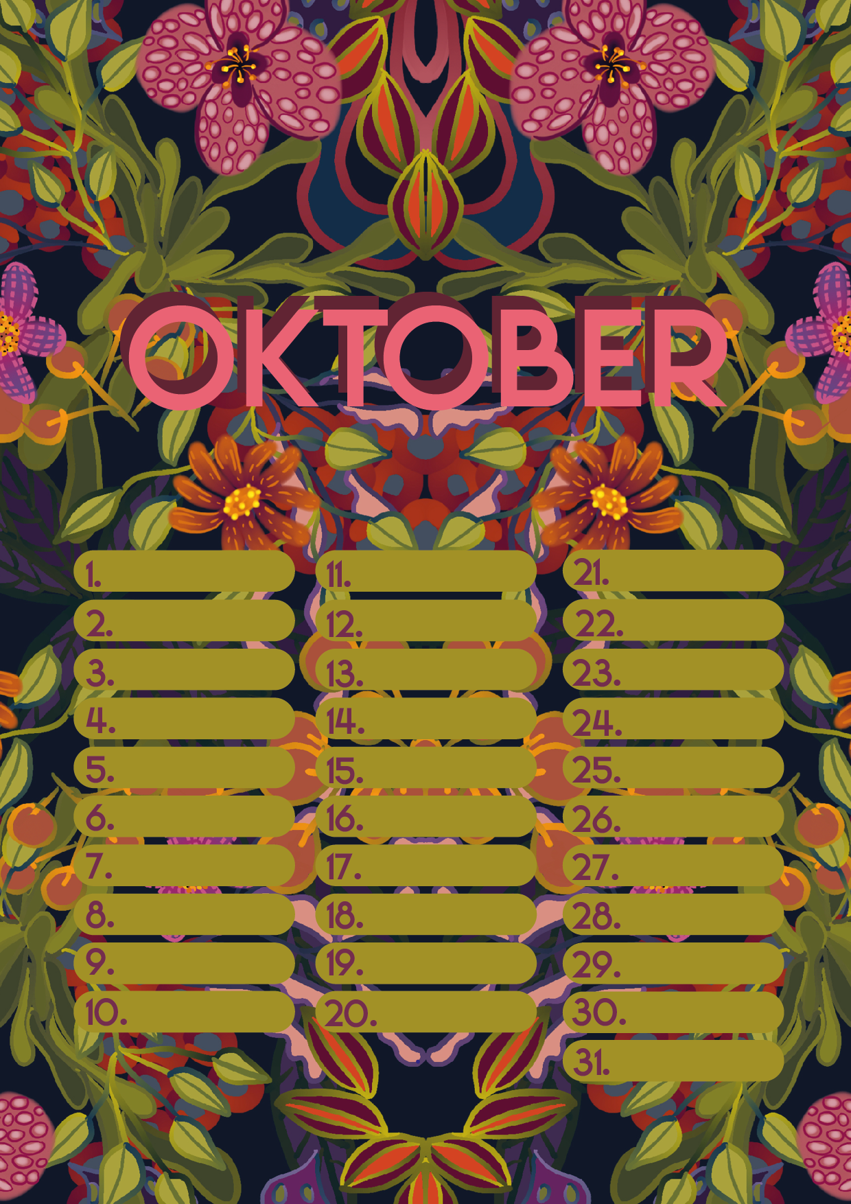 Verjaardagskalender van Studio LilaLine met twaalf kleurrijke, illustratieve pagina’s – elke maand is versierd met een unieke print uit de LilaLine-collectie, van bloemen en fantasiedieren tot grafische patronen in vrolijke kleuren. De kalender is sfeervol en speels, met voldoende ruimte om verjaardagen en speciale momenten op te schrijven. Een echte blikvanger aan de muur, het hele jaar door.