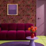 Behangontwerp met mauve en oranje accenten, vol vijgen tussen groene bladeren. De tinten voelen warm en uitnodigend, perfect voor een herfstige, knusse wand.