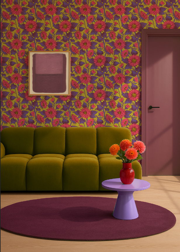 Behang met grote koraalroze zonnebloemen op een lichtgele achtergrond. Een zachte en frisse bloemenprint die je muur een lenteachtige gloed geeft.