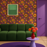 Zonnebloem behang met zonnig gele bloemen op een helderpaarse ondergrond. Een uitgesproken zomerse print vol kleur en energie.