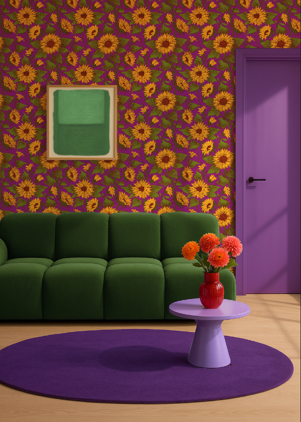 Zonnebloem behang met zonnig gele bloemen op een helderpaarse ondergrond. Een uitgesproken zomerse print vol kleur en energie.