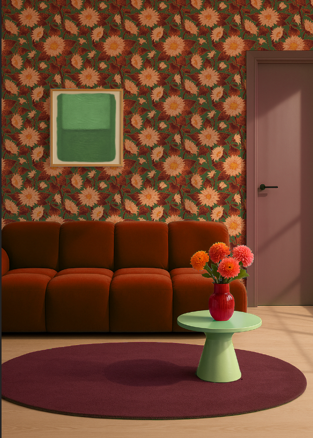 Illustratief bloemenbehang met zonnebloemen in okergeel en roesttinten. Een warme, diepe print die perfect past bij een herfstig interieur.